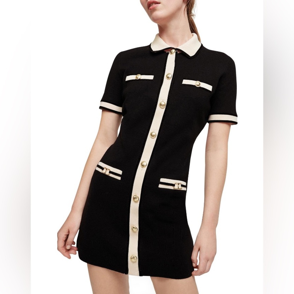 Maje Black and Cream Short-Sleeve Knit Mini Dress NWT